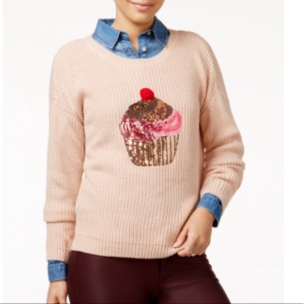 Hooked Up Juniors' Sequin Cupcake Graphic Sweater Retro Deadstock NWT